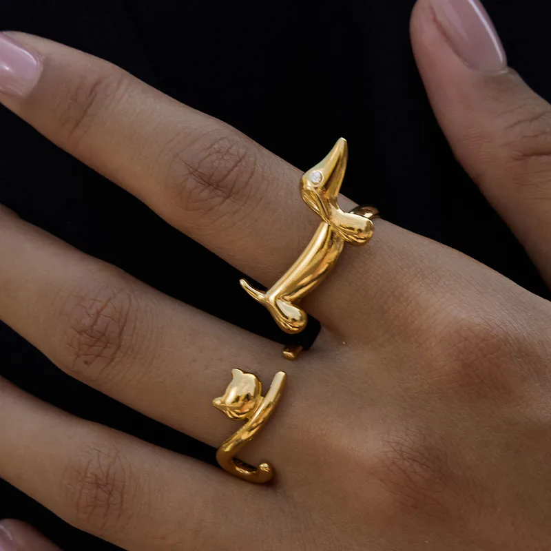 18 K Gold Plated - Dog and Cat Ring Set