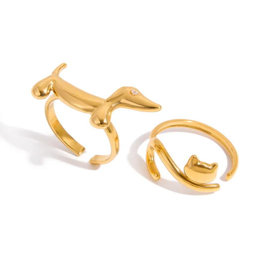 18 K Gold Plated - Dog and Cat Ring Set