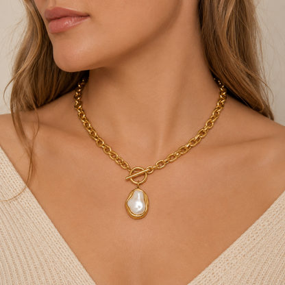 18K Gold Plated Baroque Pearl Toggle Necklace