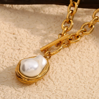 18K Gold Plated Baroque Pearl Toggle Necklace